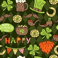 St Patrick`s Day hand drawn doodle seamless pattern. Royalty Free Stock Photo