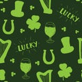 St Patrick`s Day hand drawn seamless pattern, with leprechaun hat, coins, beer cup, four leaf clover, horseshoe and celtic harp ve Royalty Free Stock Photo