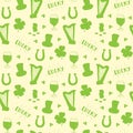 St Patrick`s Day hand drawn seamless pattern, with leprechaun hat, coins, beer cup, four leaf clover, horseshoe and celtic harp ve Royalty Free Stock Photo