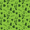 St Patrick`s Day hand drawn seamless pattern, with leprechaun hat, coins, beer cup, four leaf clover, horseshoe and celtic harp ve Royalty Free Stock Photo