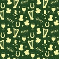 St Patrick`s Day hand drawn seamless pattern, with leprechaun hat, coins, beer cup, four leaf clover, horseshoe and celtic harp ve Royalty Free Stock Photo