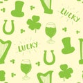 St Patrick`s Day hand drawn seamless pattern, with leprechaun hat, coins, beer cup, four leaf clover, horseshoe and celtic harp ve Royalty Free Stock Photo