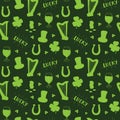 St Patrick`s Day hand drawn seamless pattern, with leprechaun hat, coins, beer cup, four leaf clover, horseshoe and celtic harp Royalty Free Stock Photo