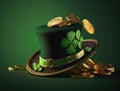 St Patrick\'s day hat with gold coins on green background generative AI