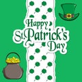 St. Patrick s Day holiday card. Greeting inscription, leprechaun hat, clover quatrefoil and a pot of gold. Festive