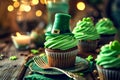 St.Patrick \'s Day. holiday cupcakes with green cream with clover and leprechaun hat.