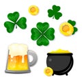 St. Patrick\'s day holiday icons set. Clover, a glass of beer and a cauldron of gold coins. Vector illustration