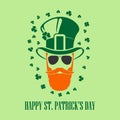 St. Patrick`s Day Holiday poster, banner, label, badge, emblem or greeting card design with hipster leprechaun.