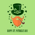 St. Patrick`s Day Holiday poster, banner, label, badge, emblem or greeting card design with Irish leprechaun. Vector illustration