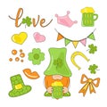 St. Patrick`s Day holiday SET. Vector decoration element garland, leprechaun, rainbow, beer mug, horseshoe. Cartoon style