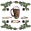 St. Patrick`s Day holiday symbols. Green clover leaf. Beer mug. Happy St. Patrick`s Day. Party Design vector Royalty Free Stock Photo