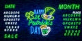 St. Patrick`s Day icon set isolated. Patrick`s Day neon sign. Horseshoe, Clover, Rainbow, Gold coin, Beer, Flag Ireland and