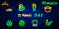 St. Patrick`s Day icon set isolated. Patrick`s Day neon sign. Horseshoe, Clover, Rainbow, Gold coin, Beer, Flag Ireland and