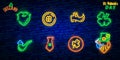 St. Patrick`s Day icon set isolated. Patrick`s Day neon sign. Horseshoe, Clover, Rainbow, Gold coin, Beer, Flag Ireland and