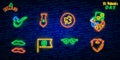 St. Patrick`s Day icon set isolated. Patrick`s Day neon sign. Horseshoe, Clover, Rainbow, Gold coin, Beer, Flag Ireland and