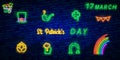 St. Patrick`s Day icon set isolated. Patrick`s Day neon sign. Horseshoe, Clover, Rainbow, Gold coin, Beer, Flag Ireland and