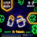 St. Patrick`s Day icon set isolated. Patrick`s Day neon sign. Horseshoe, Clover, Rainbow, Gold coin, Beer, Flag Ireland and