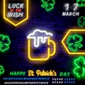 St. Patrick`s Day icon set isolated. Patrick`s Day neon sign. Horseshoe, Clover, Rainbow, Gold coin, Beer, Flag Ireland and