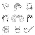 St. Patrick s Day Icons Collection beer, hat, clover, flag, horseshoe, pipe, pot of gold, rainbow. Hand Drawn Illustration. Savoya