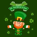 St. Patrick\'s Day illustration, Cute leprechaun with Ireland flags and clover leaves. Postcard, holiday banner Royalty Free Stock Photo