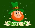 St. Patrick\'s Day illustration, Cute leprechaun with ribbon Good luck with golden horseshoe. Postcard, holiday banner Royalty Free Stock Photo