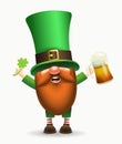 St. Patrick's Day Irish gnome with clover and beer. Vector Leprechaun illustration for banner, decor, or invitation to