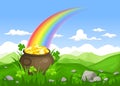 St. Patrick's day Irish landscape with pot of gold and rainbow. Vector eps-10. Royalty Free Stock Photo