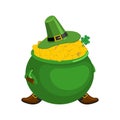 St. Patrick`s Day. Leprechaun green hat and pot of gold. Magic d