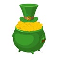 St. Patrick`s Day. Leprechaun green hat and pot of gold. Magic d Royalty Free Stock Photo