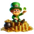 St. Patrick's Day, a leprechaun in a green suit and cylinder sits on a pile of gold coins on a white background. Royalty Free Stock Photo