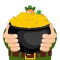 St. Patrick`s Day. Leprechaun and pot of gold. Magic dwarf and b