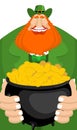 St. Patrick`s Day. Leprechaun and pot of gold. Magic dwarf and b Royalty Free Stock Photo