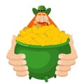 St. Patrick`s Day. Leprechaun and pot of gold. Magic dwarf and b