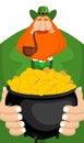 St. Patrick`s Day. Leprechaun and pot of gold. Magic dwarf and b Royalty Free Stock Photo