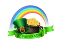 St.Patrick`s Day logo. Pot Of Gold, rainbow and leprechaun hat