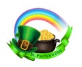 St.Patrick`s Day logo. Pot Of Gold, rainbow and leprechaun hat