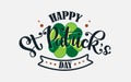 St. Patrick`s day logotype with hand sketched lettering, ribbon and shamrock. Vector illustration