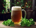St.Patrick \'s Day. Mug of beer on a wooden table in a rustic style and a four-leaf clover Royalty Free Stock Photo