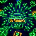 St. Patrick`s Day neon sign. Web banner, logo, emblem and label. Neon sign, bright signboard, light banner. Vector illustration