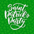 St. Patrick`s Day Party lettering. Vector holiday poster. Isolated sign on green background with clover Royalty Free Stock Photo