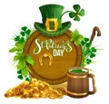 St. Patrick`s day party text greeting card. Gold coins, wooden barrel and mug beer, gold horseshoe, hat and leaves clover