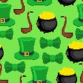 St.Patrick`s Day pattern seamless. Background pixel art 8 bit. leprechaun hat and pot of gold. Holiday of Ireland. Traditional Royalty Free Stock Photo