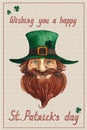 St. Patrick`s day postcard with hand drawn watercolor smiling leprechaun with a red beard in a green hat, lettering