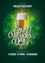 St. Patrick's Day poster. Beer party green background with calligraphy sign and beer mug.