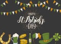 St Patrick`s day poster with Hand drawn  St. Patrick`s hat, horseshoe, beer, barrel, irish flag, four-leaf clover and gold coins Royalty Free Stock Photo