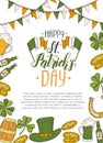 St Patrick`s day poster with Hand drawn  St. Patrick`s hat, horseshoe, beer, barrel, irish flag, four-leaf clover and gold coins Royalty Free Stock Photo