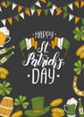 St Patrick`s day poster with Hand drawn  St. Patrick`s hat, horseshoe, beer, barrel, irish flag, four-leaf clover and gold coins Royalty Free Stock Photo