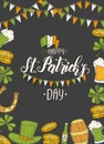 St Patrick`s day poster with Hand drawn  St. Patrick`s hat, horseshoe, beer, barrel, irish flag, four-leaf clover and gold coins Royalty Free Stock Photo