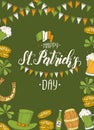 St Patrick`s day poster with Hand drawn  St. Patrick`s hat, horseshoe, beer, barrel, irish flag, four-leaf clover and gold coins Royalty Free Stock Photo