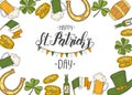 St Patrick`s day poster with Hand drawn  St. Patrick`s hat, horseshoe, beer, barrel, irish flag, four-leaf clover and gold coins Royalty Free Stock Photo